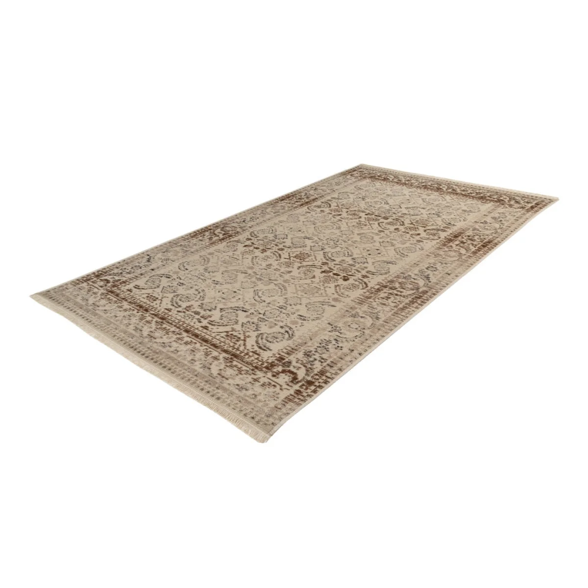 Tapis oriental rectangulaire effet vieilli beige et brun avec motifs floraux foncés
