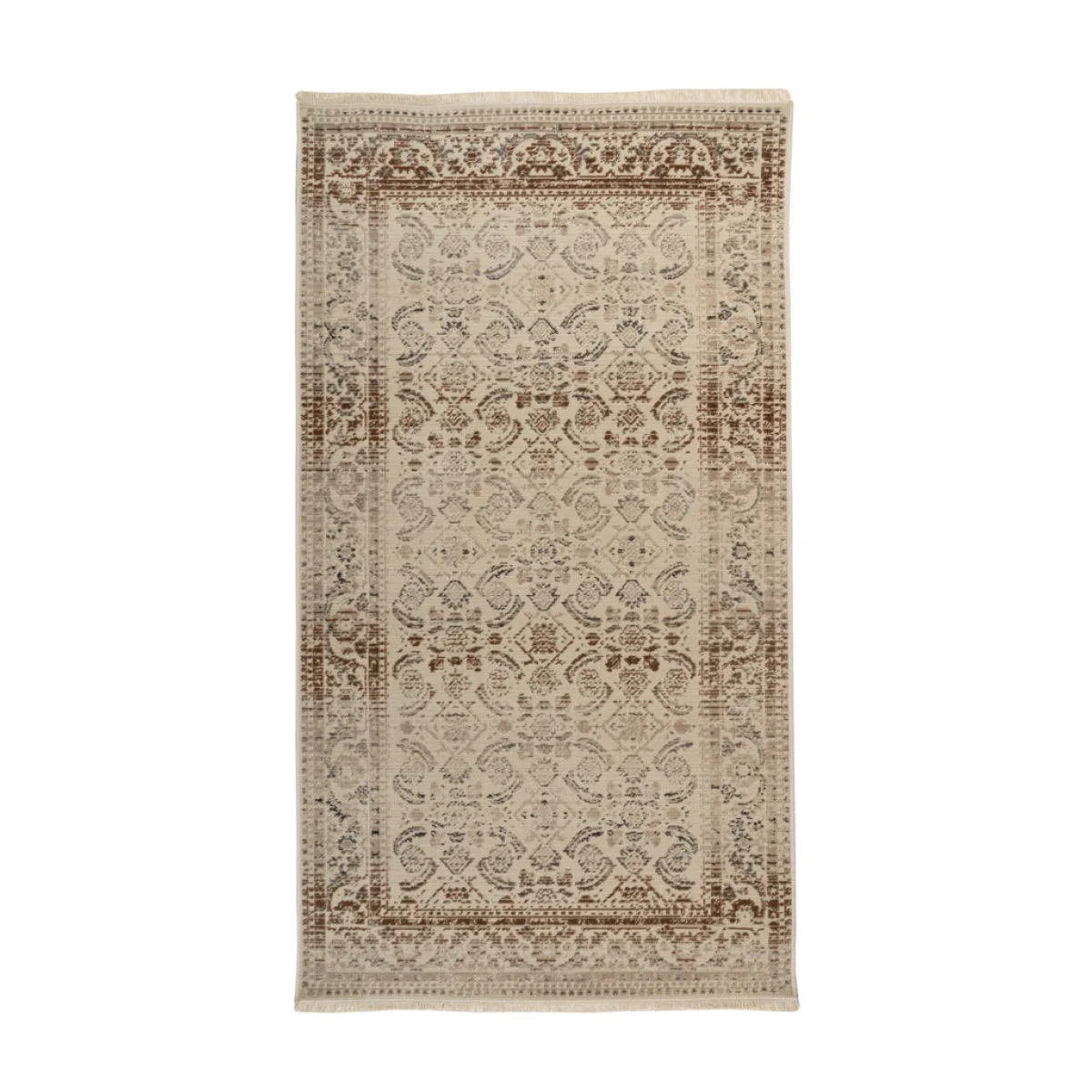 Tapis oriental rectangulaire beige et brun avec motif ancien et bord décoratif