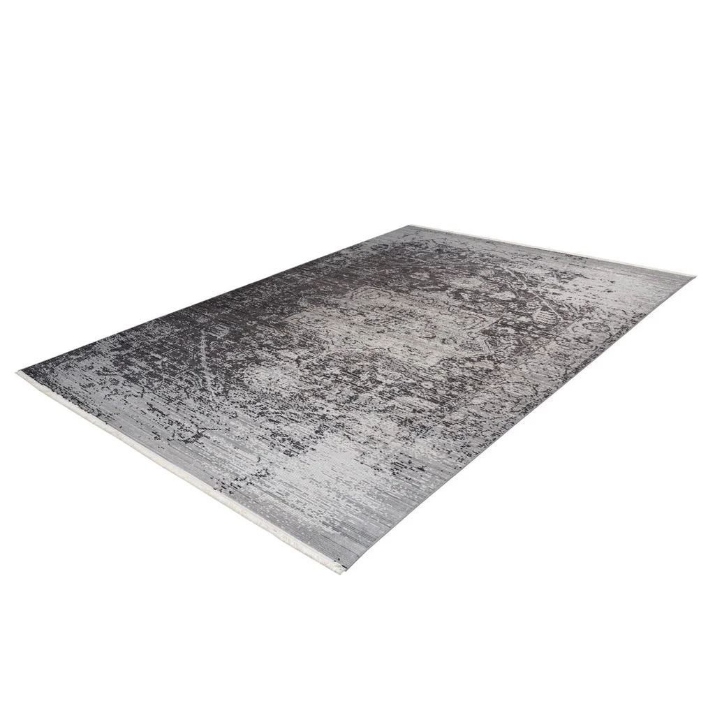 Tapis oriental rectangulaire gris effet vieilli doux 120x170 cm avec motif abstrait délavé