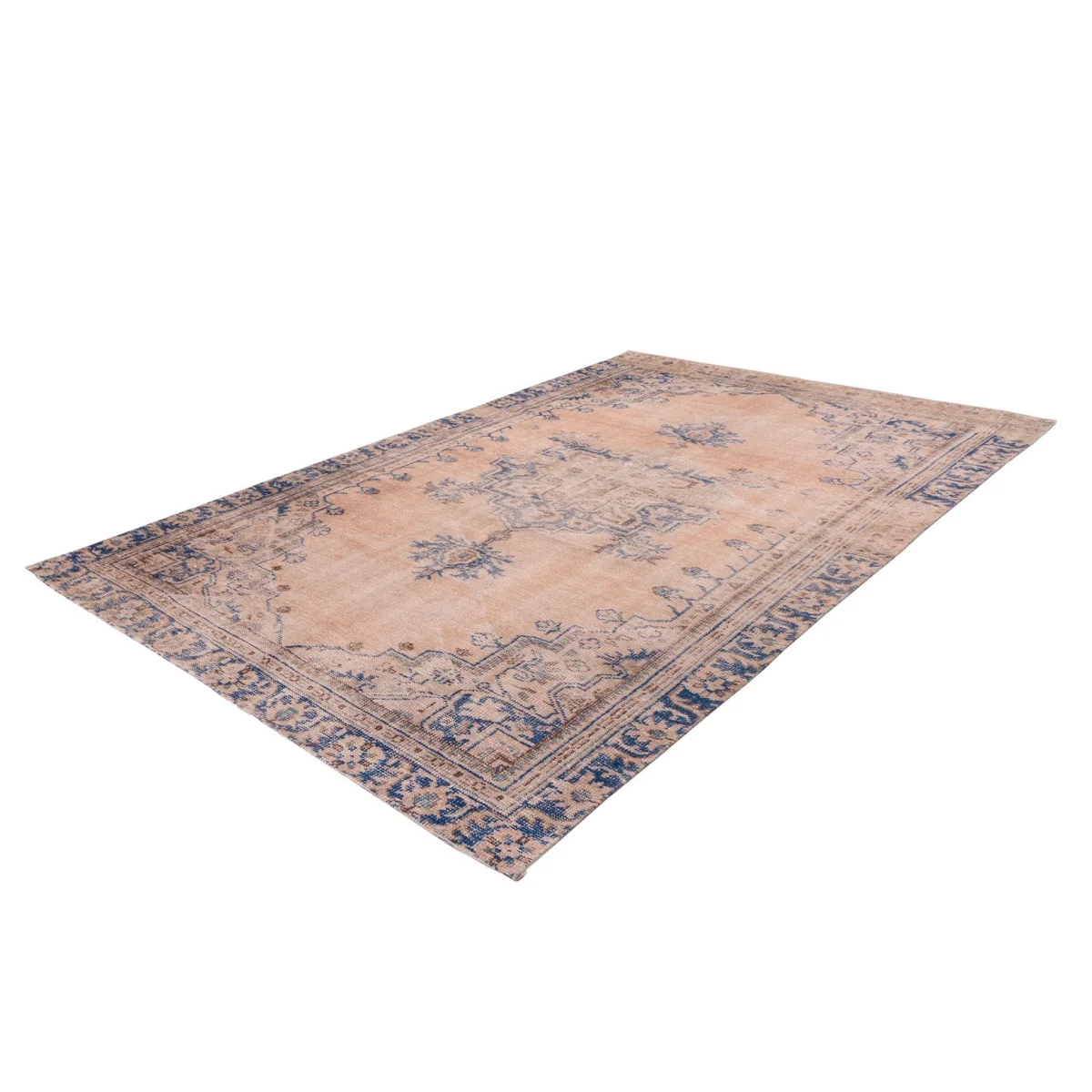Tapis oriental rectangulaire rose poudré avec motifs floraux bleus et bord décoratif