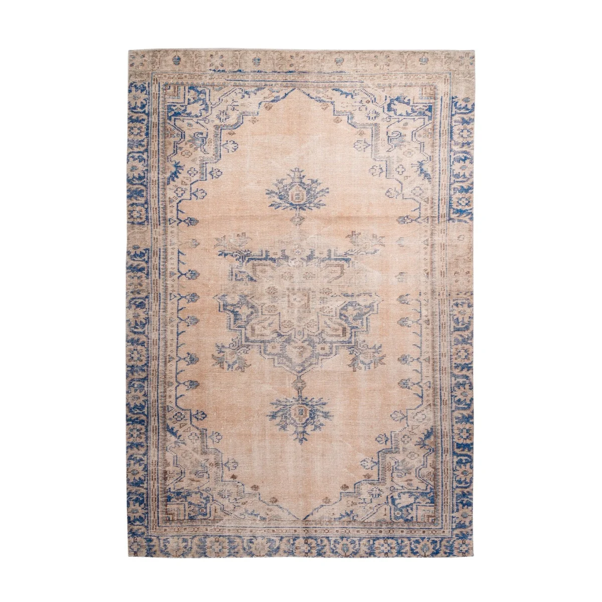 Tapis oriental rectangulaire rose poudré à motifs bleus avec motif distressed pastel