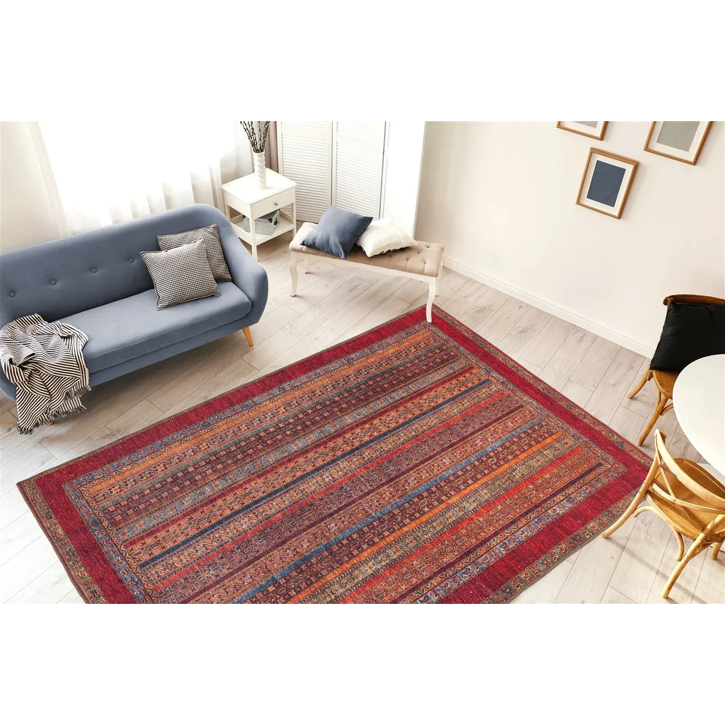 Tapis rayé coloré avec bordure rouge pour Faye 400 Multi Rot 75cm x 150cm