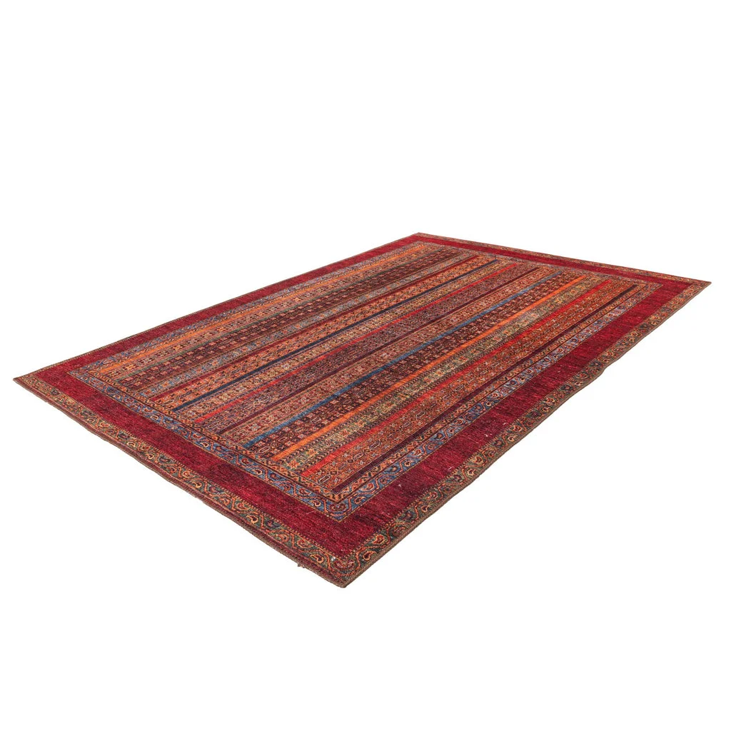 Tapis rectangulaire avec bordure rouge et motif rayé multicolore pour Faye 400 Multi Rot