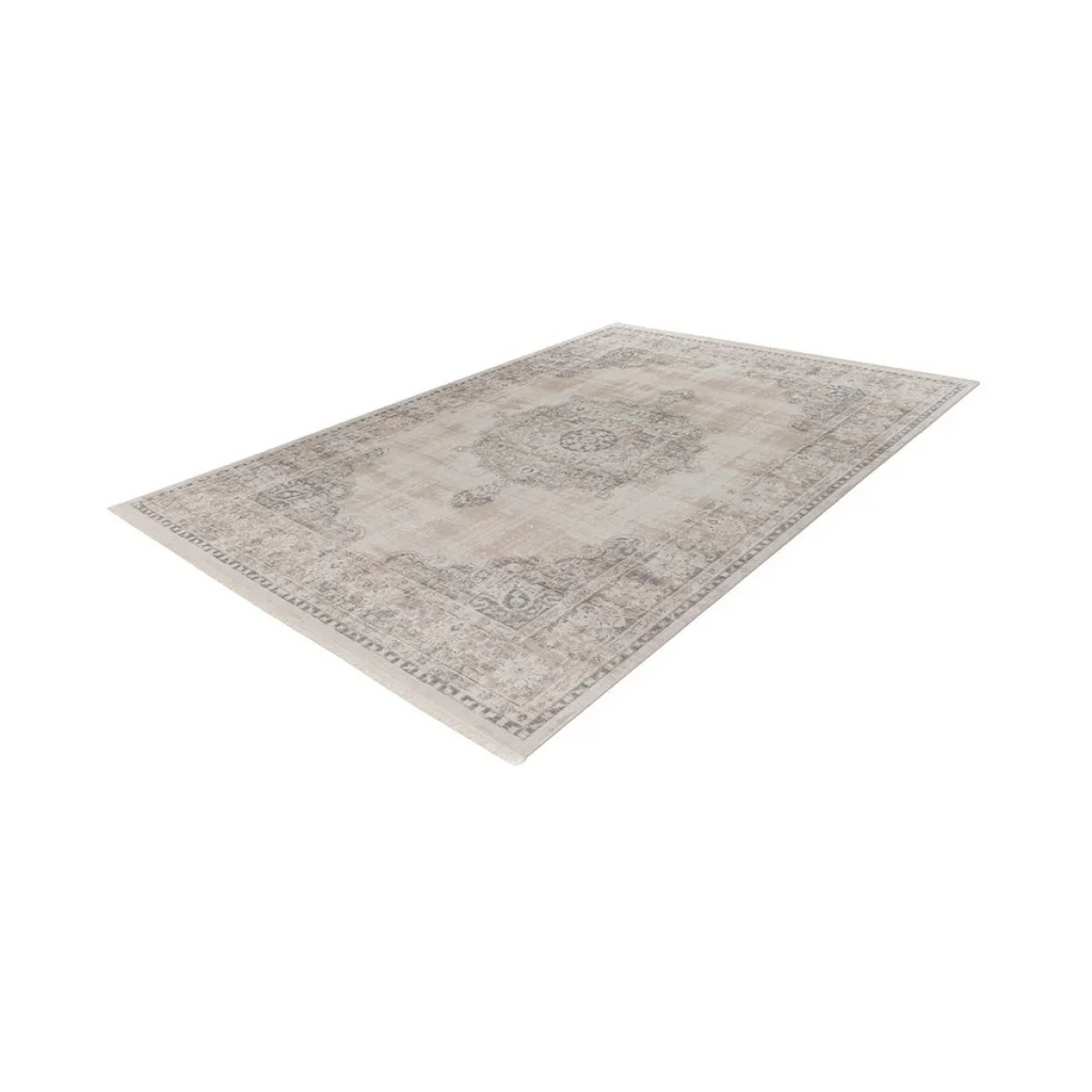 Tapis oriental rectangulaire en tissu gris avec motif central et bordures ornées