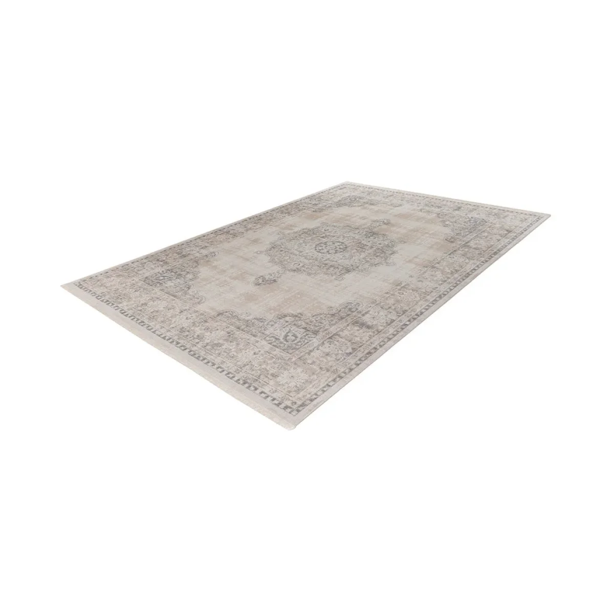 Tapis oriental rectangulaire en tissu gris avec motif central et bordures ornées