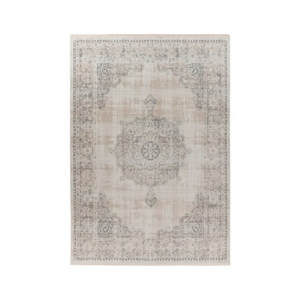 Tapis oriental rectangulaire en tissu gris avec motif central et medallion ornemental