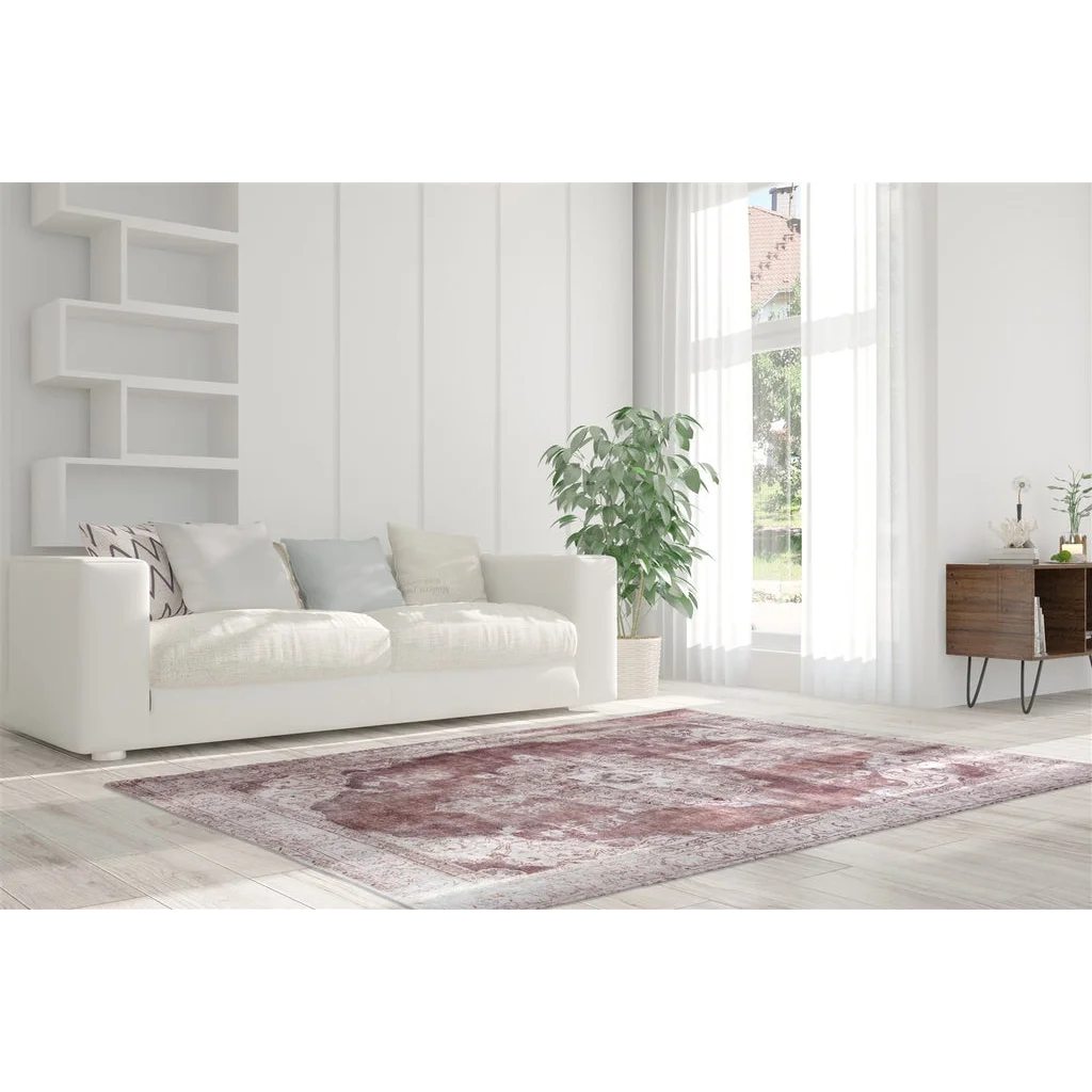 Tapis oriental rectangulaire vintage effet vieilli en bordeaux et beige 160x230 cm