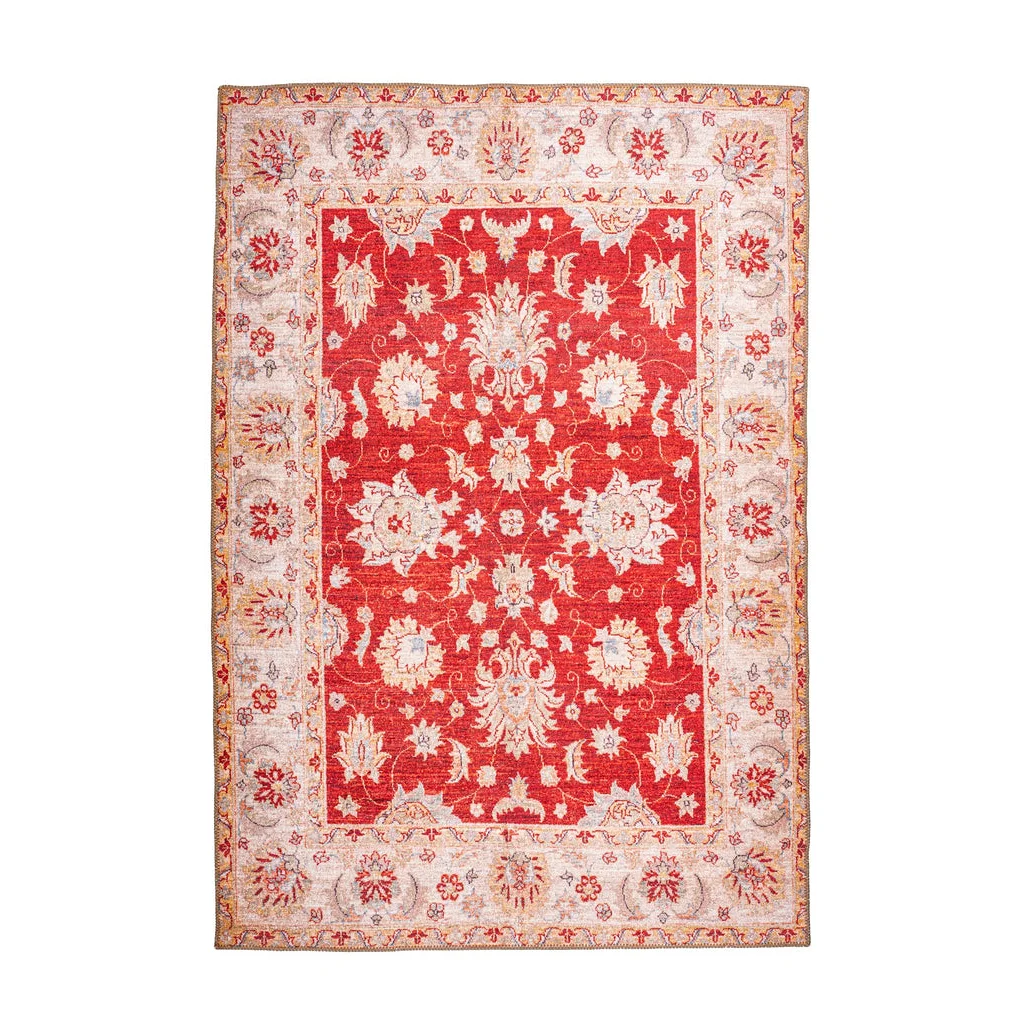 Tapis rectangulaire rouge Faye 600 Rot 75cm x 150cm avec motif floral et bord crème