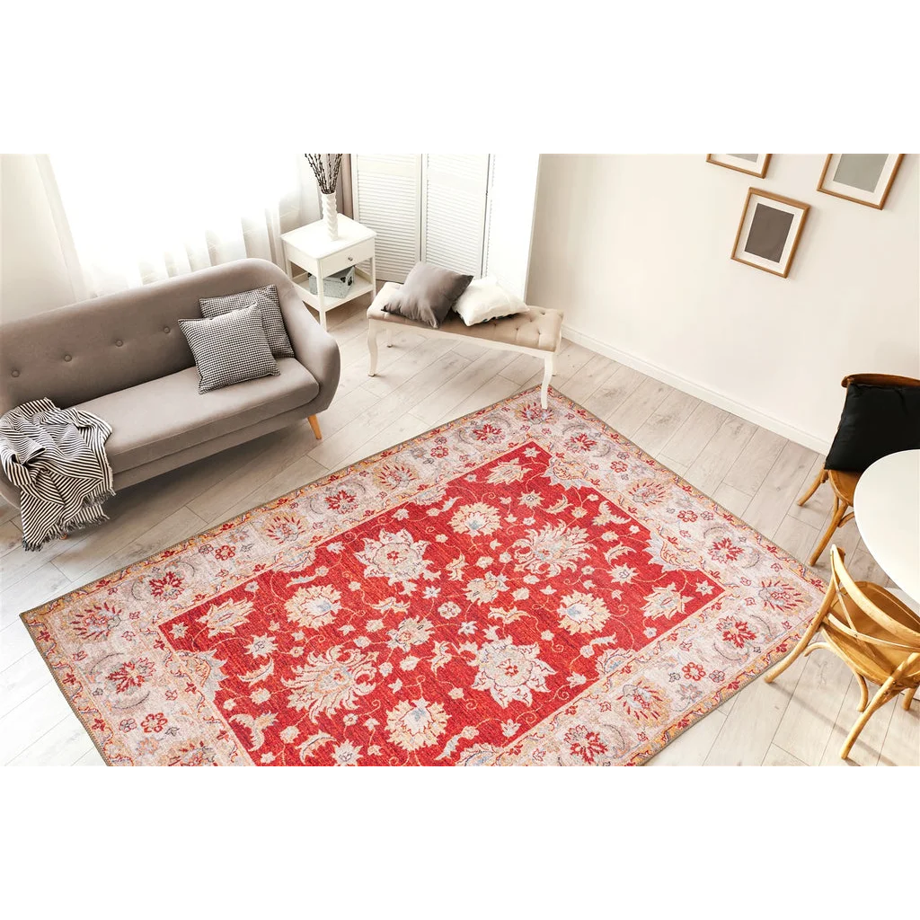 Tapis rouge vif Faye 600 Rot 75cm x 150cm avec motif floral et medaillon en crème et bleu clair