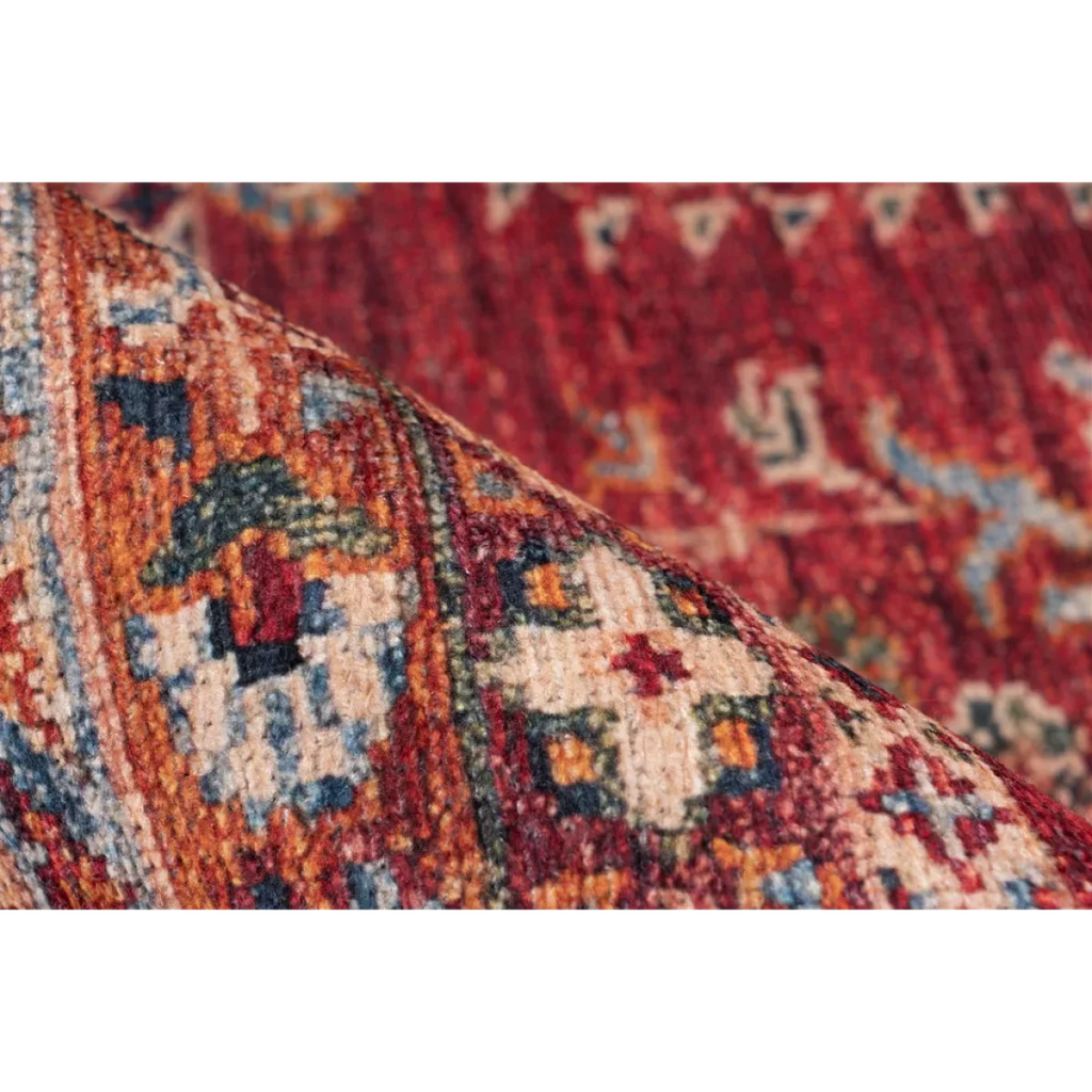 Tapis oriental détaillé plié rouge et beige avec motifs complexes pour Faye 300 Multi Rot 110cm x 180cm