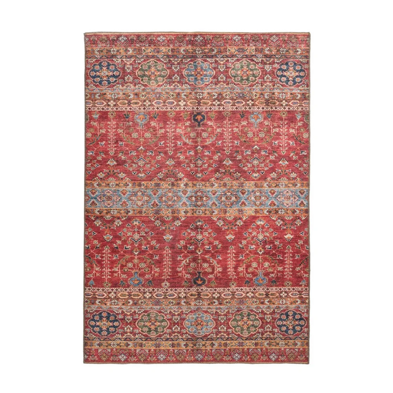 Tapis oriental rouge à motifs persans et effet vieilli