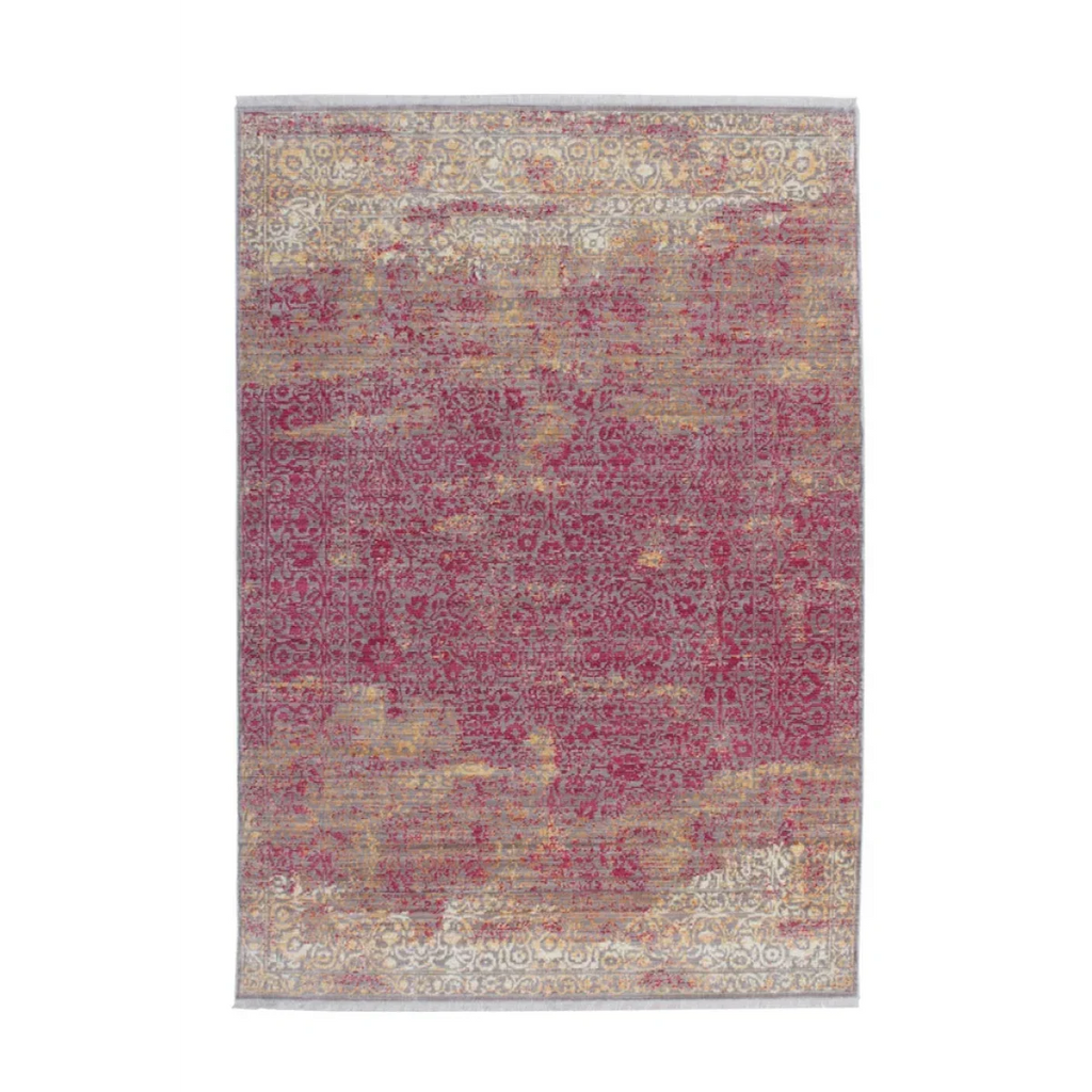 Tapis oriental rouge avec motifs vieillissants, design abstrait en fuchsia et beige