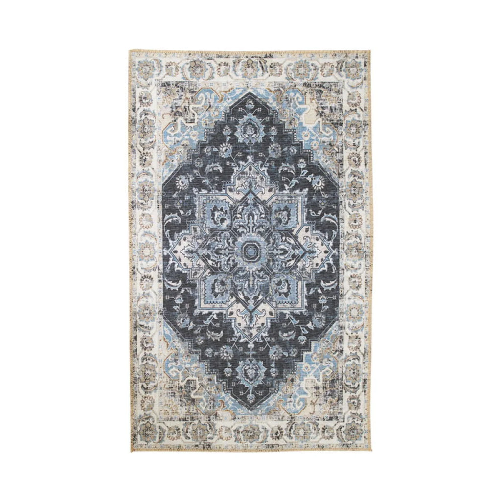 Tapis persan bleu vintage rectangulaire 160x230 cm, motif médaillon distressed