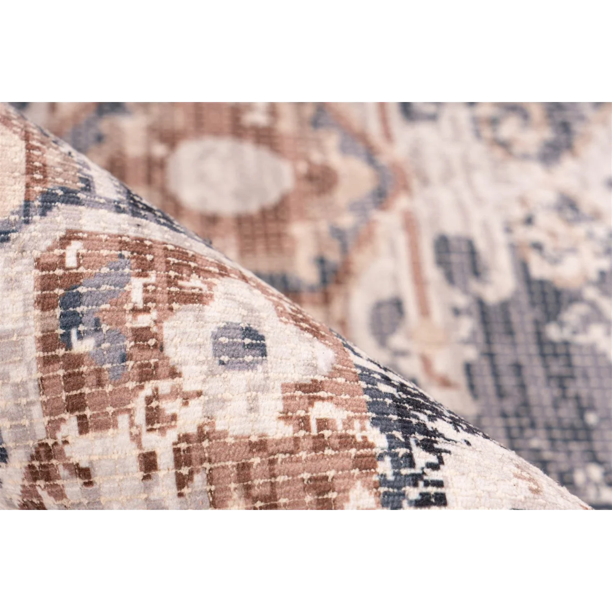 Tapis persan rectangulaire effet vieilli coton gris taupe avec motifs abstraits et géométriques