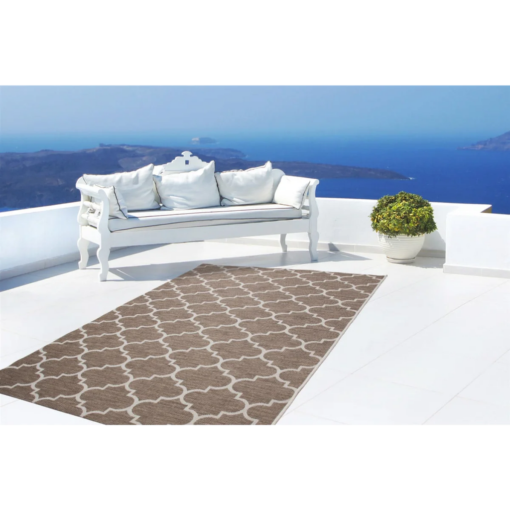 Tapis plat rectangulaire beige et taupe motif marocain extérieur 80x230 cm