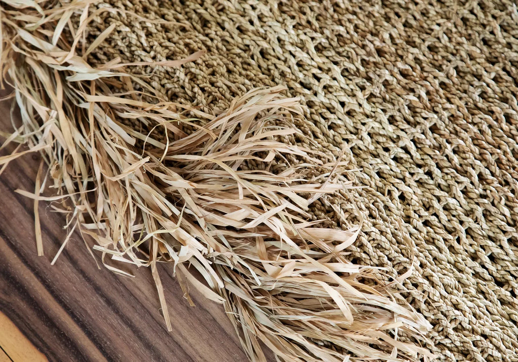 Tapis en raphia naturel 180x240 cm avec franges bohème, tapis en paille tissé