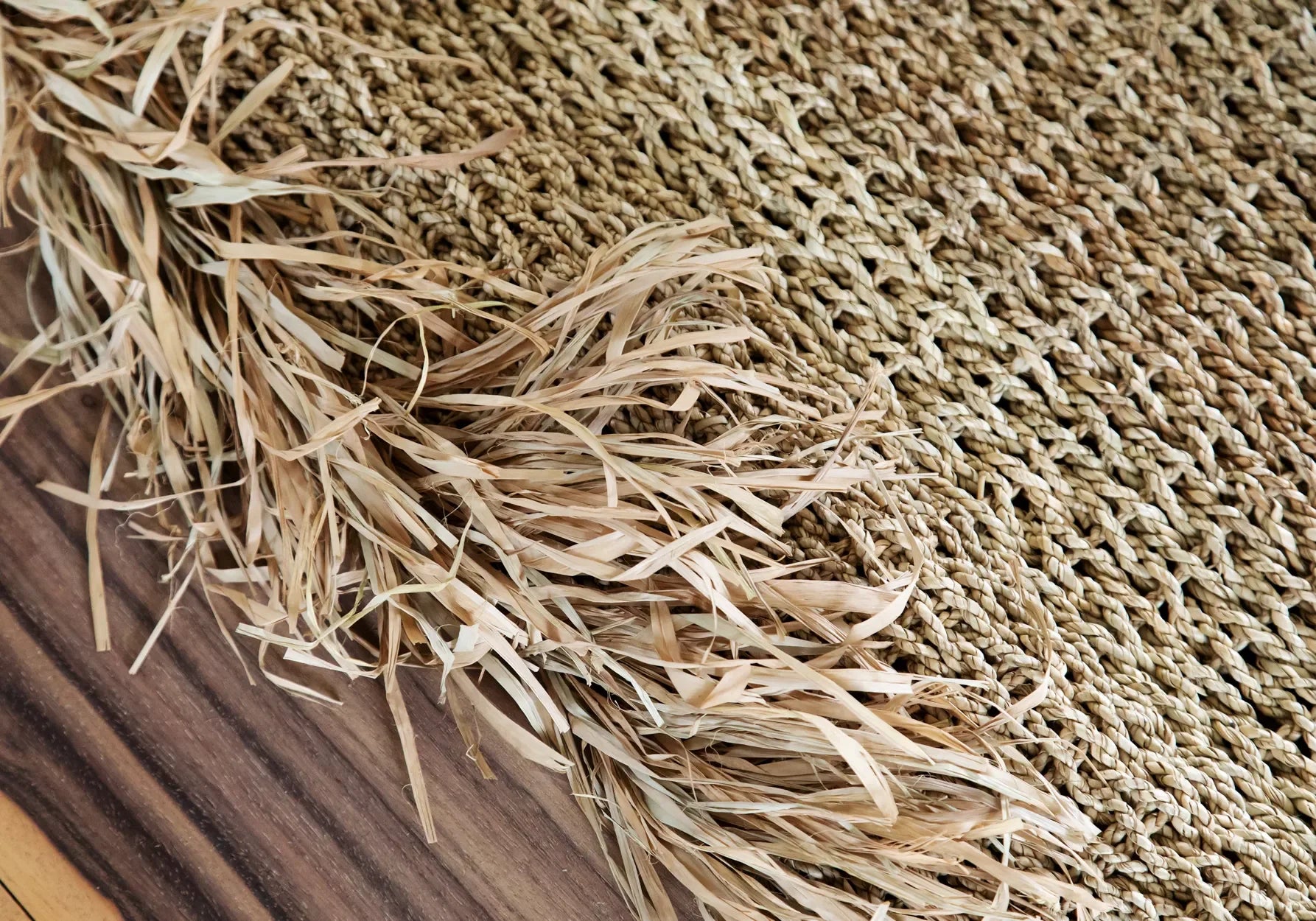 Tapis en raphia naturel 180x240 cm avec franges bohème, tapis en paille tissé