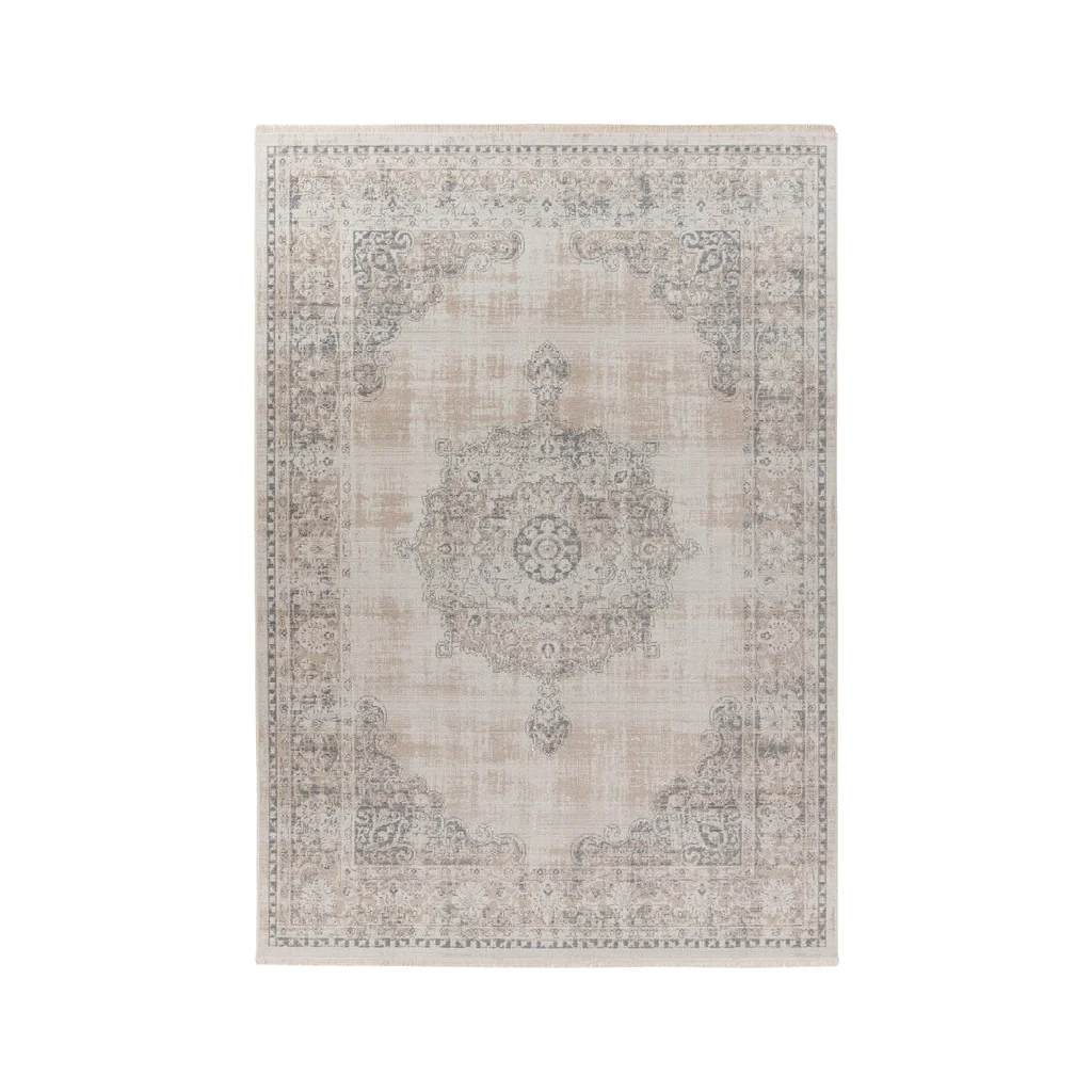 Tapis rectangulaire à médaillon beige et gris en tissu doux 120x170 cm