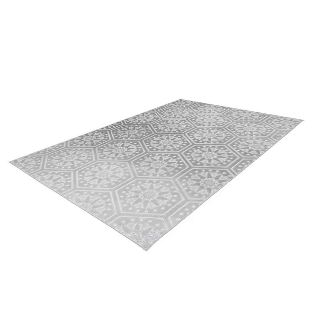 Tapis rectangulaire gris et blanc avec motif hexagonal en velours 160x230 cm