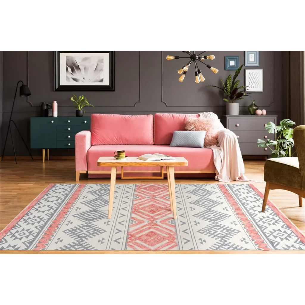 Tapis rectangulaire ethnique en coton gris, corail et rose 160x230 cm