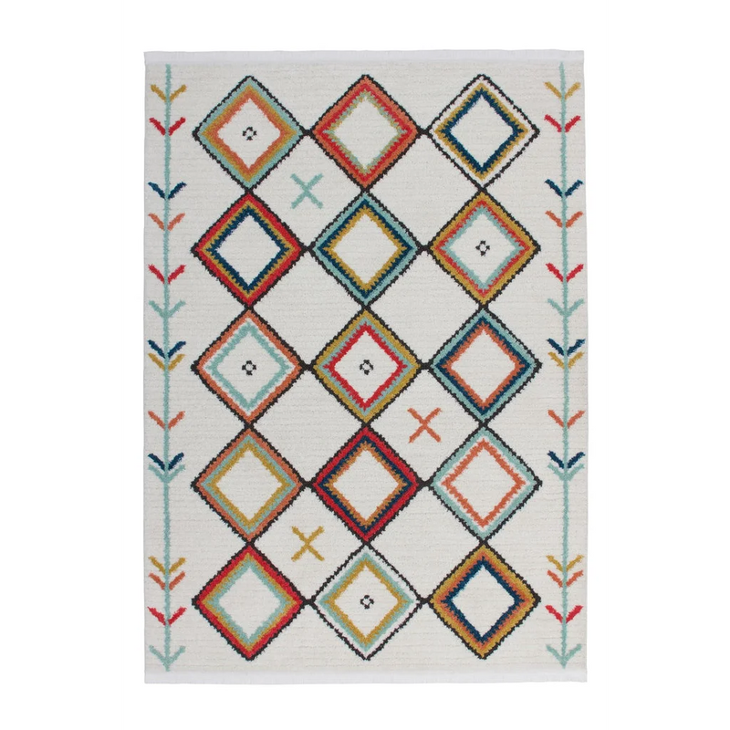 Tapis rectangulaire kilim à motifs géométriques multicolores sur fond blanc