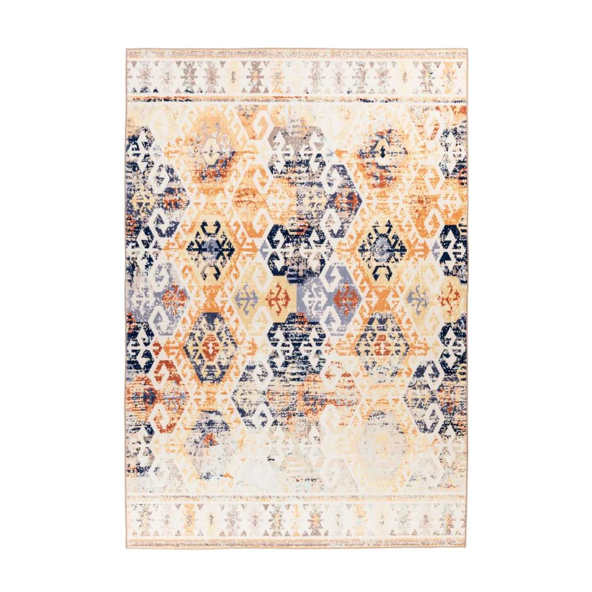 Tapis rectangulaire kilim beige ocre et bleu avec motifs géométriques abstraits