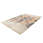 Tapis rectangulaire à motifs kilim beige ocre et bleu avec motif abstrait et usé