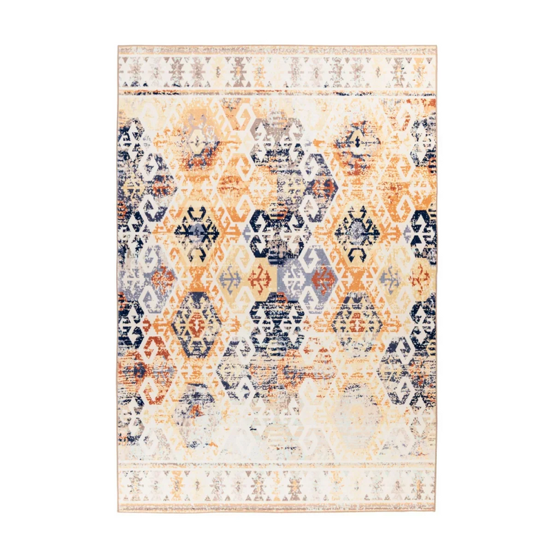Tapis rectangulaire à motifs kilim fond beige effet vieilli