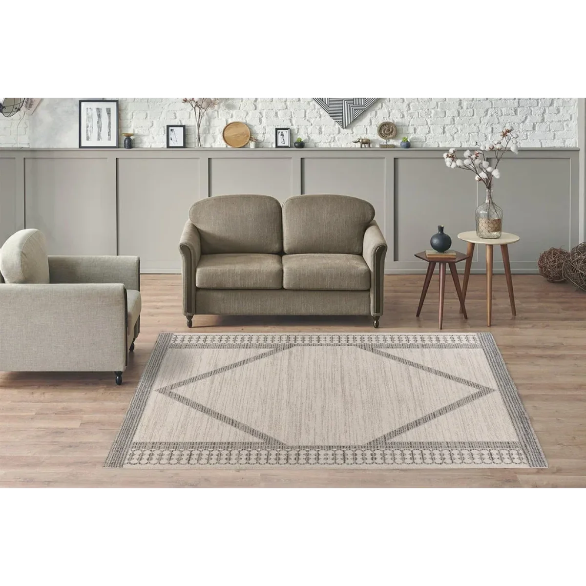 Tapis rectangulaire beige avec motifs géométriques en tissage plat 160x230 cm