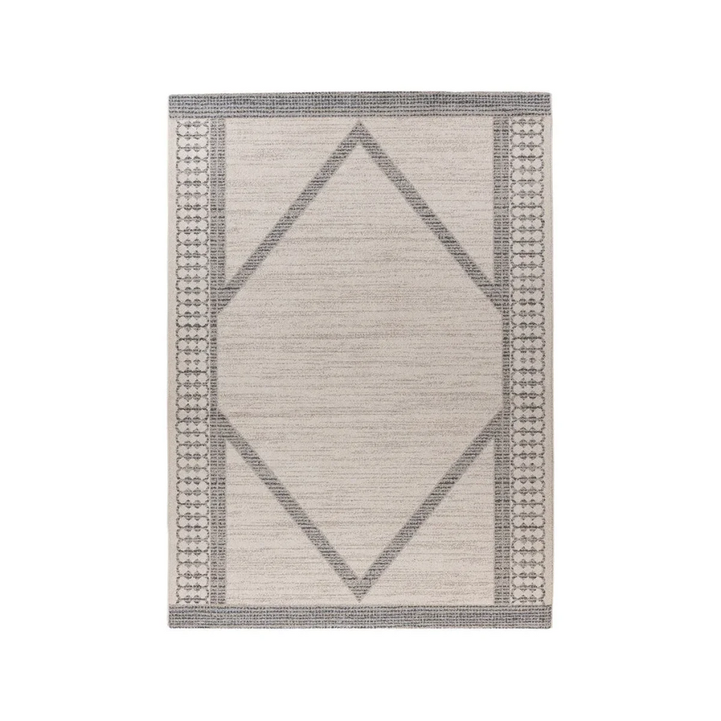 Tapis rectangulaire beige avec motif géométrique, centre en diamant gris foncé, bordures décoratives