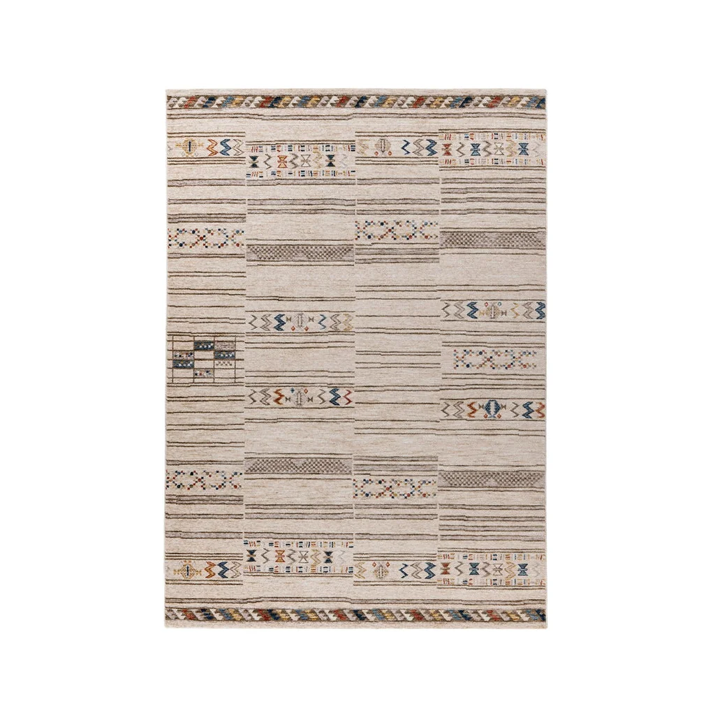 Tapis rectangulaire beige avec motifs graphiques ethniques, 120x170 cm