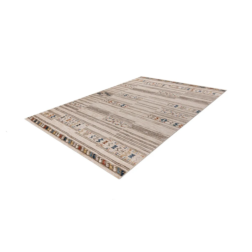 Tapis rectangulaire beige avec motifs graphiques ethniques et rayures colorées 120x170 cm