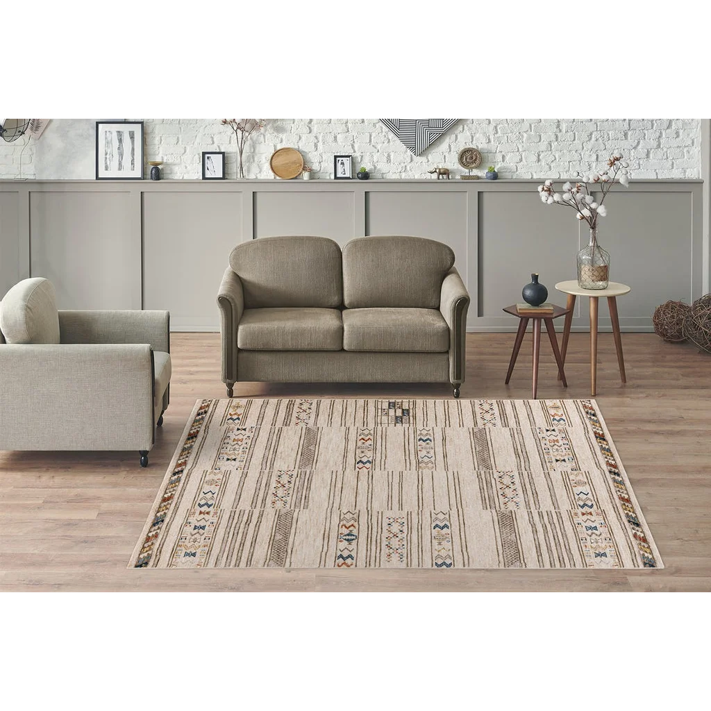 Tapis rectangulaire beige avec motifs graphiques ethniques 120x170 cm