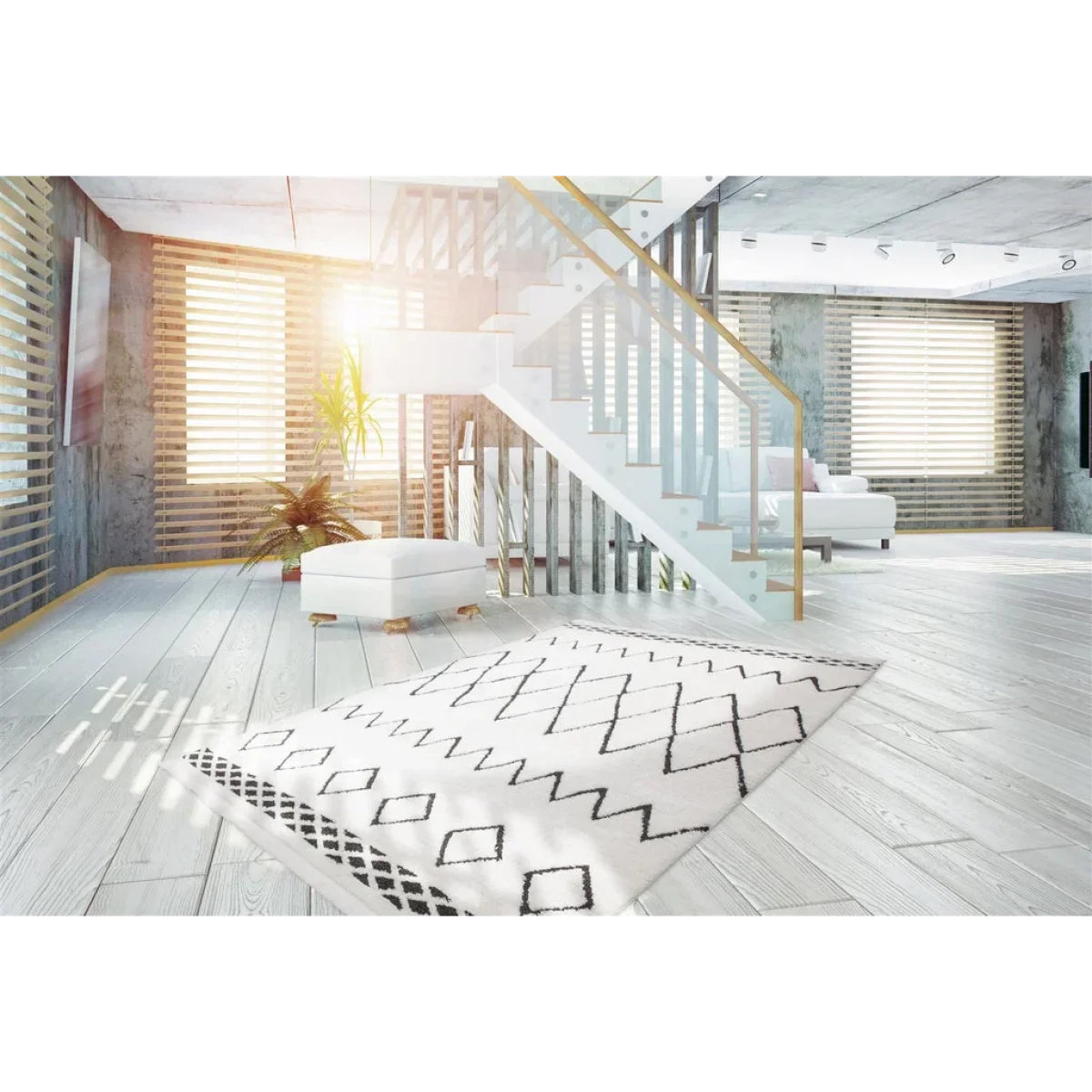 Ottoman rectangulaire blanc avec pieds en or, adapté au tapis berbère motifs losanges noirs