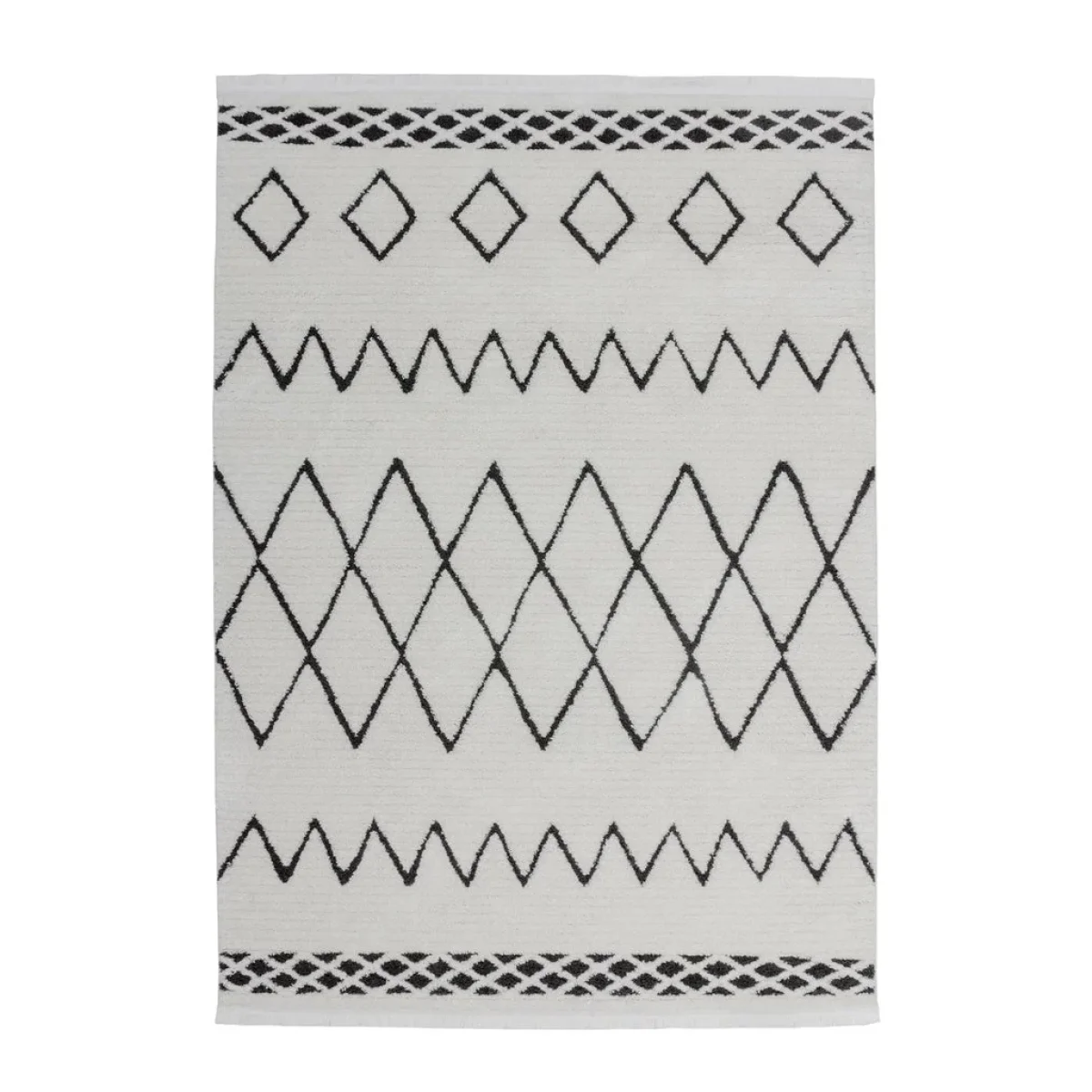 Tapis berbère rectangulaire en coton mélangé avec motifs losanges noirs et franges