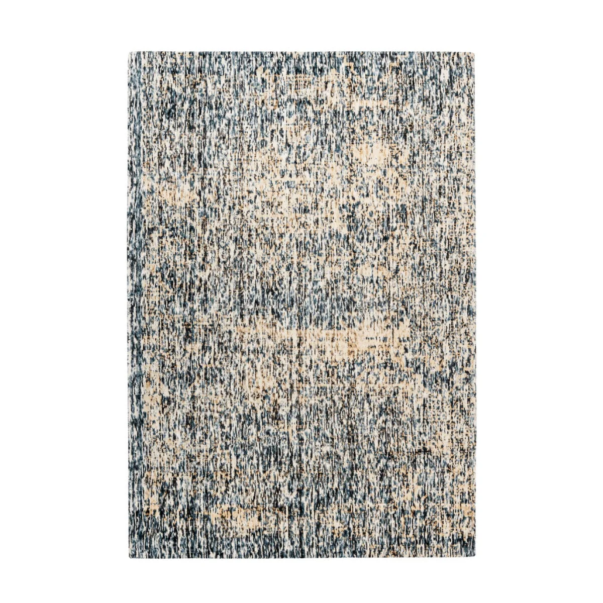 Tapis rectangulaire chiné crème et bleu en viscose avec motif abstrait distressed