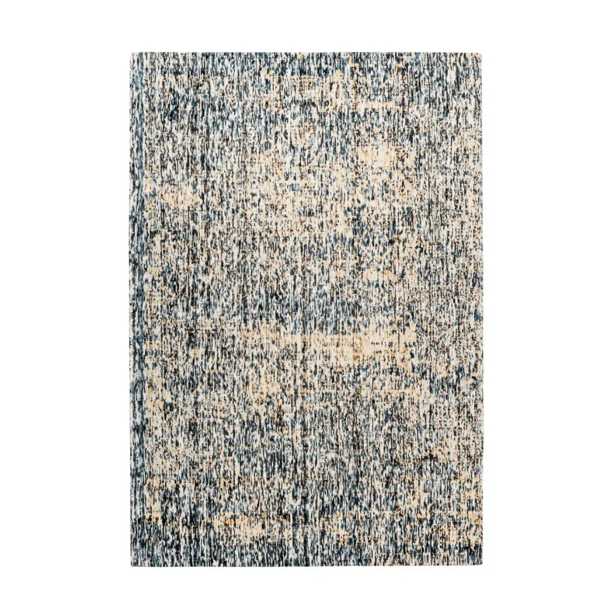 Tapis rectangulaire chiné crème et bleu en viscose avec motif abstrait distressed