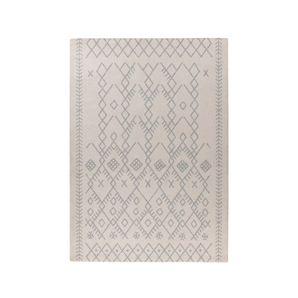Tapis rectangulaire écru avec motifs géométriques gris symétriques pour décoration intérieure
