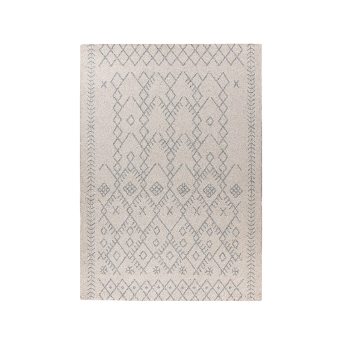 Tapis rectangulaire écru avec motifs géométriques gris symétriques pour décoration intérieure