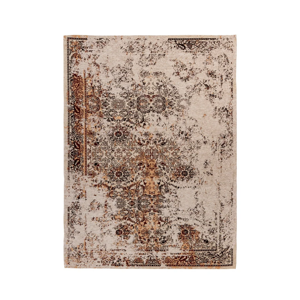 Tapis rectangulaire écru à motifs orientaux patinés, distressed, 80x150 cm