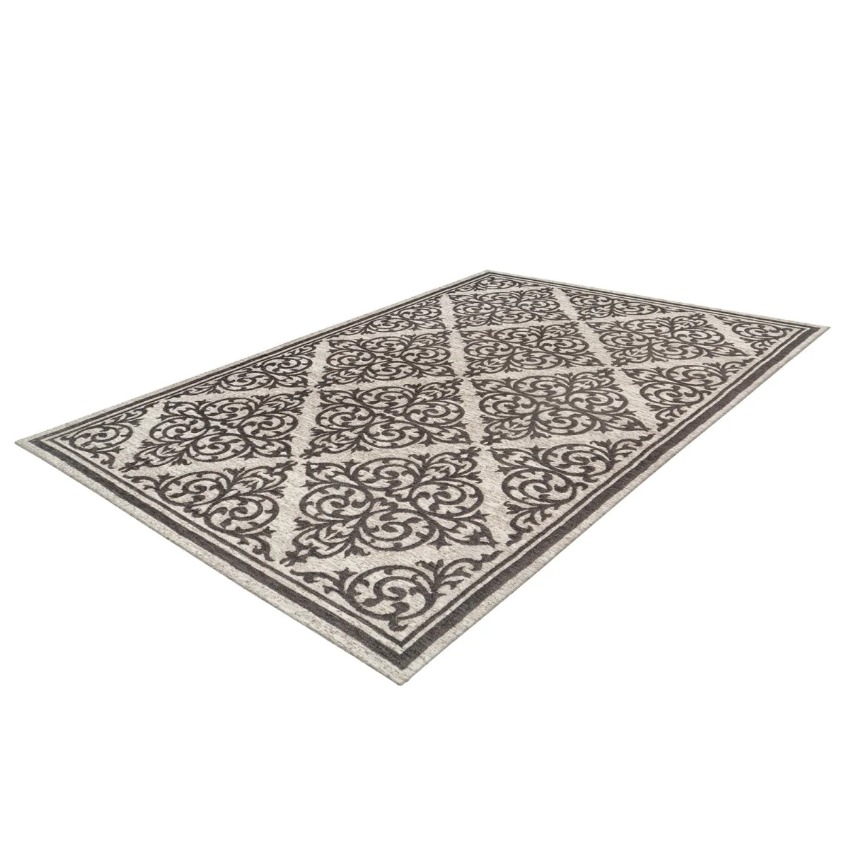 Tapis rectangulaire écru et gris avec motifs damassés et scrollworks intricats