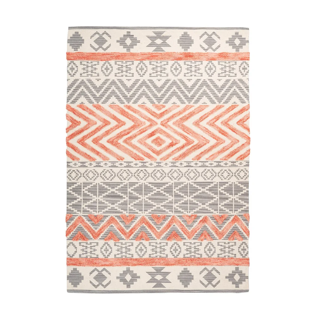 Tapis rectangulaire ethnique gris et abricot en coton 120x170 cm avec motif tribal