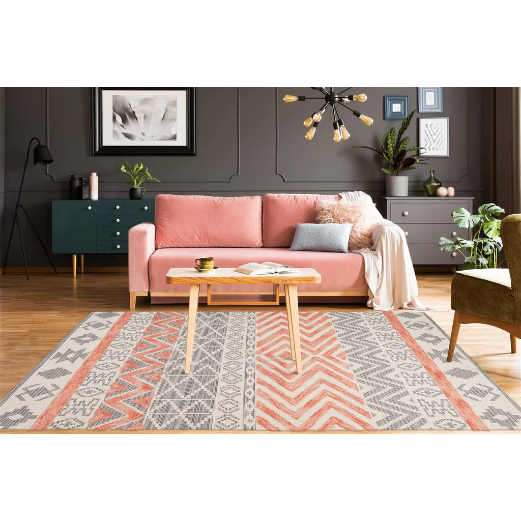 Tapis rectangulaire ethnique gris, blanc et abricot en coton 120x170 cm