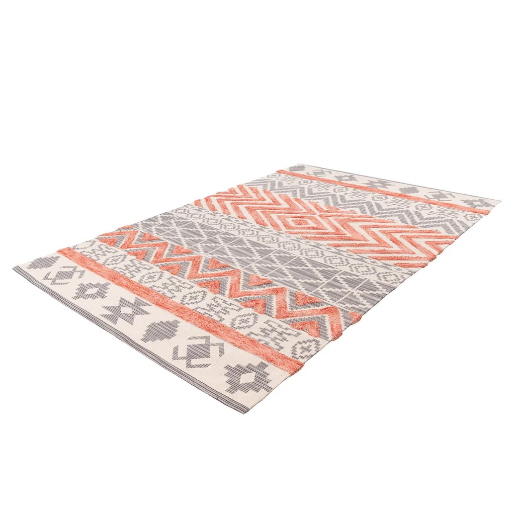Tapis rectangulaire ethnique gris et abricot en coton 120x170 cm avec motif tribal