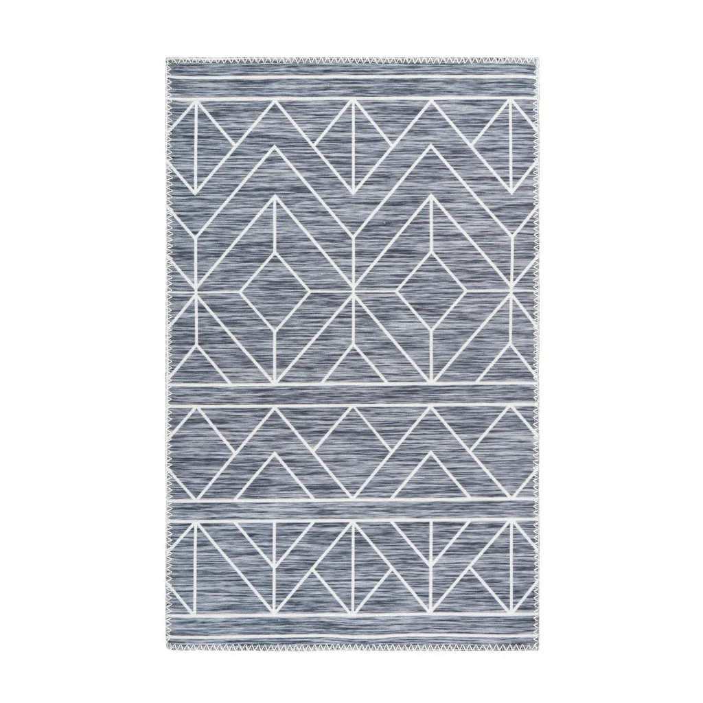 Tapis rectangulaire gris avec motif géométrique blanc et franges 120x180 cm