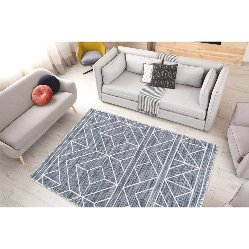 Tapis rectangulaire gris à motif géométrique et franges 120x180 cm