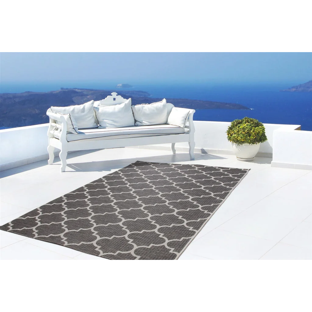 Tapis rectangulaire gris à motif marocain tissé 80x230 cm extérieur