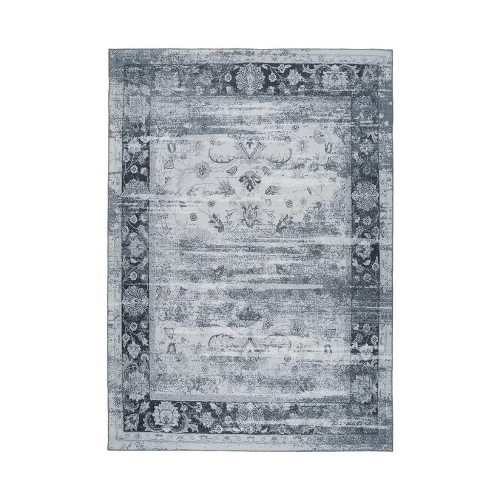 Tapis rectangulaire vintage gris et bleu avec motifs floraux et bord noir