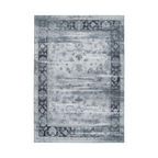 Tapis rectangulaire vintage gris et bleu avec motifs floraux et bord noir