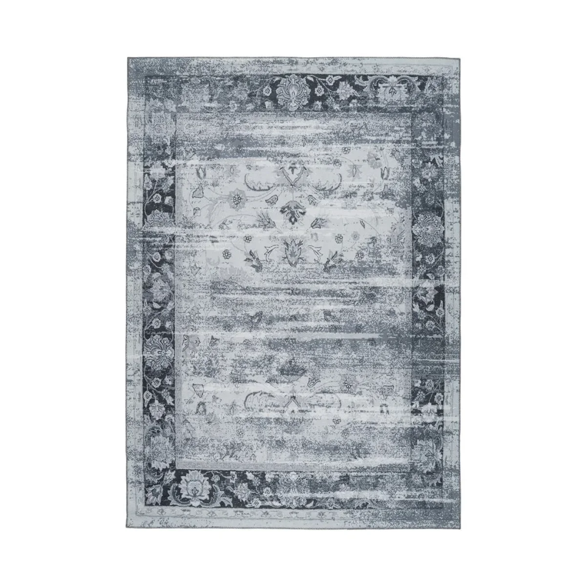 Tapis rectangulaire vintage gris et bleu avec motifs floraux et bord noir